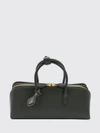 small leather handbag with double tubular handle and logo charm