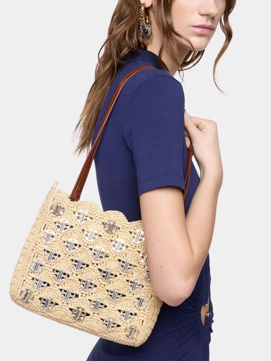 RABANNE OS 1969 raffia and steel shoulder bag with leather handle
