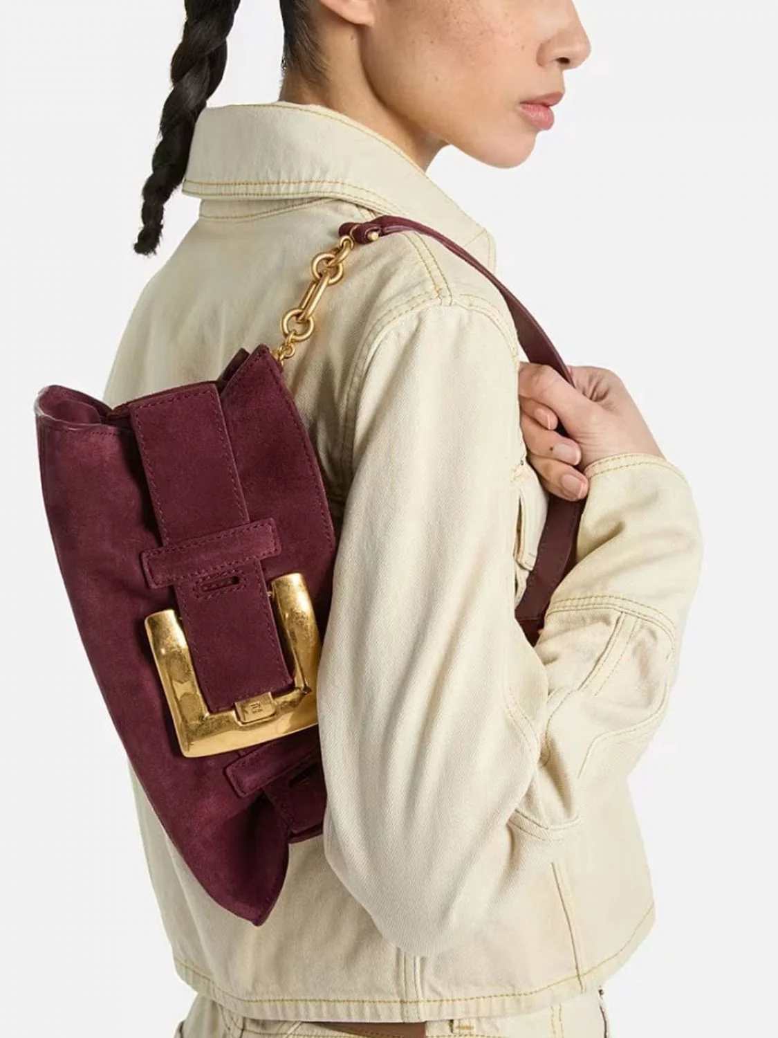 BALMAIN OS anthem ruched suede shoulder bag with chain handle