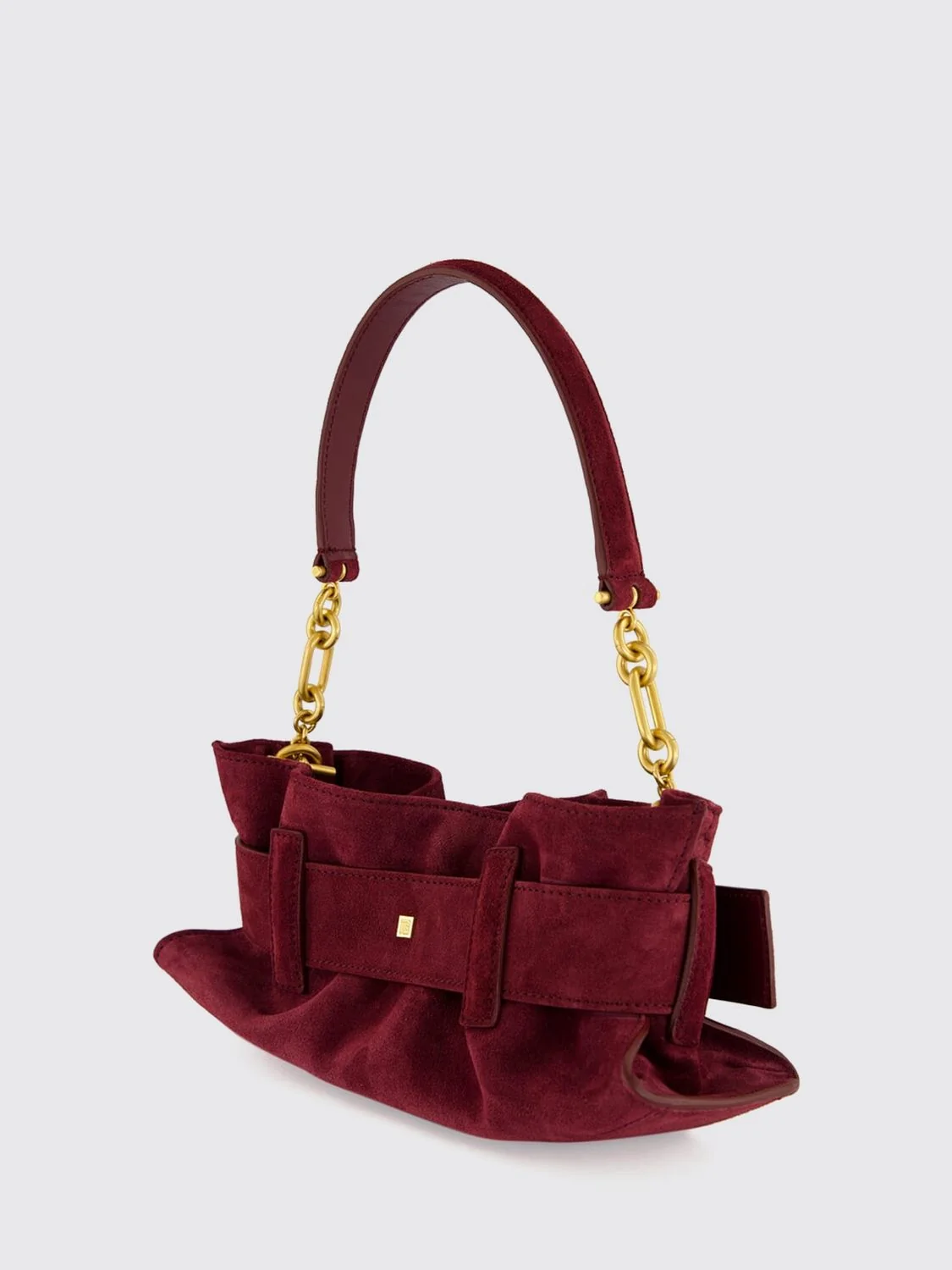 anthem ruched suede shoulder bag with chain handle
