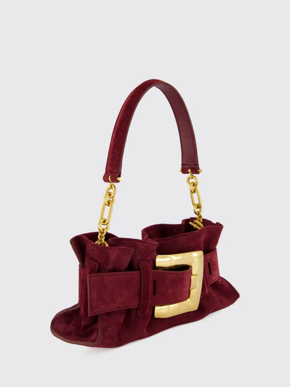 anthem ruched suede shoulder bag with chain handle