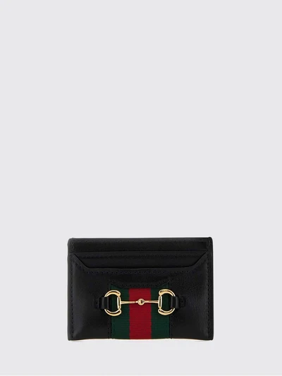 smooth leather card holder with horsebit detail and gold-tone hardware
