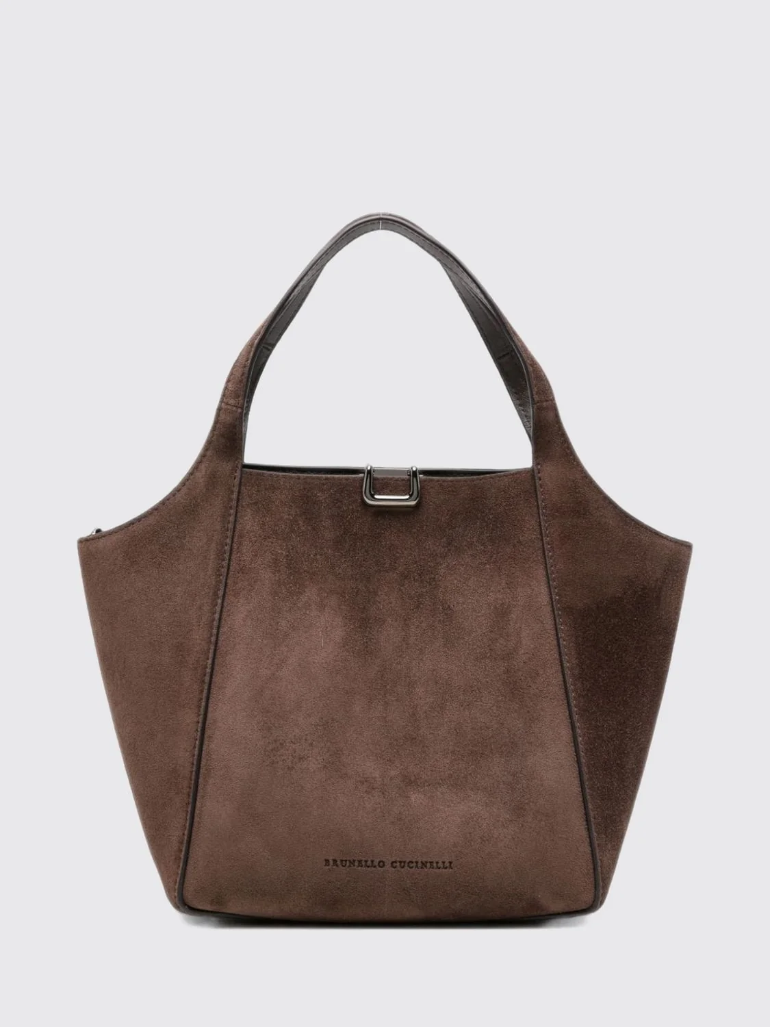 small suede handbag with double handle and removable strap