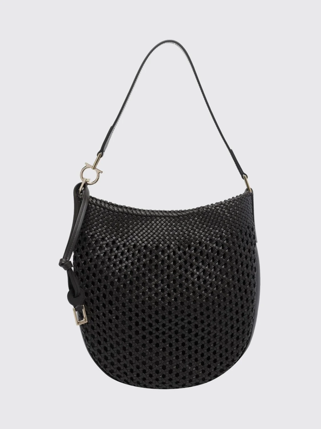 FERRAGAMO OS medium hobo bag in woven calfskin with logo shoulder strap