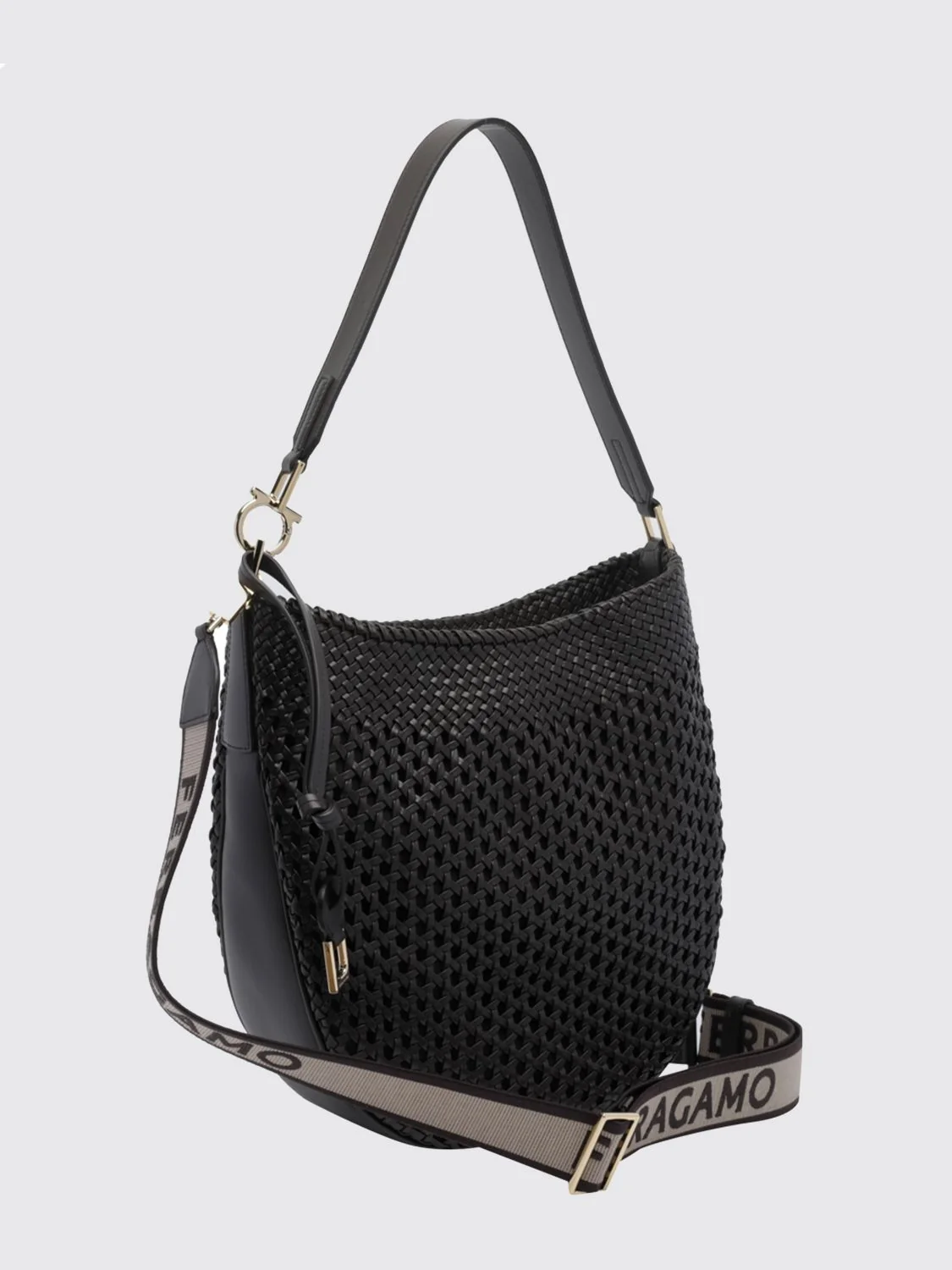 medium hobo bag in woven calfskin with logo shoulder strap