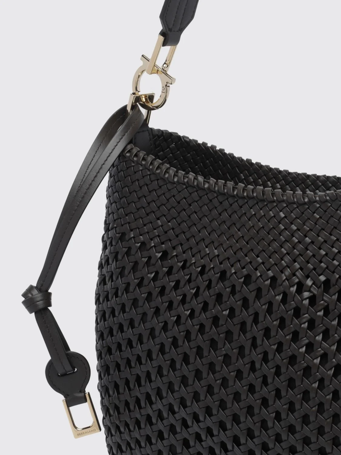 medium hobo bag in woven calfskin with logo shoulder strap