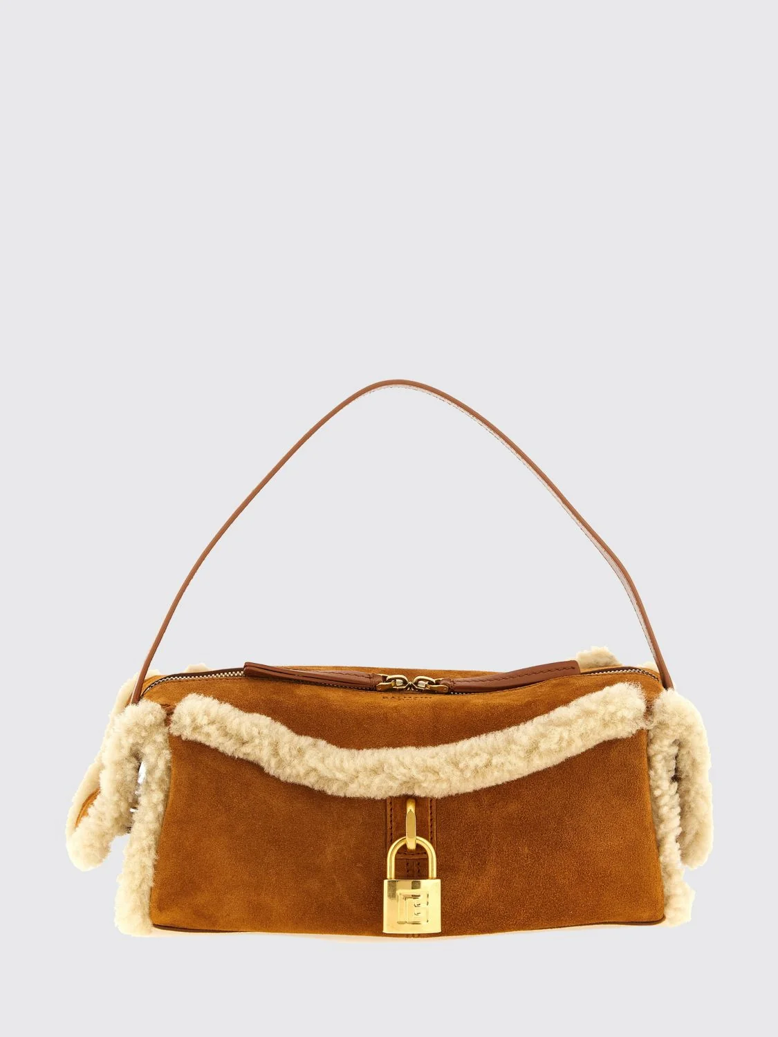 BALMAIN OS shearling and suede leather shoulder bag with padlock