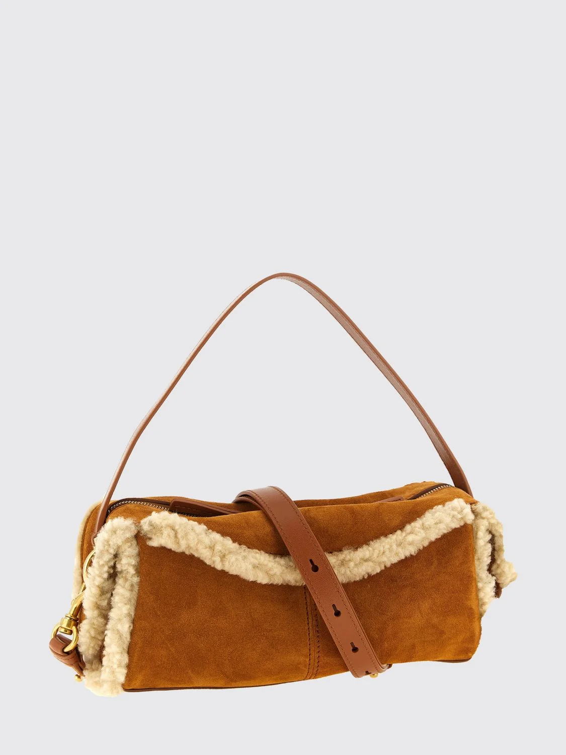 BALMAIN OS shearling and suede leather shoulder bag with padlock