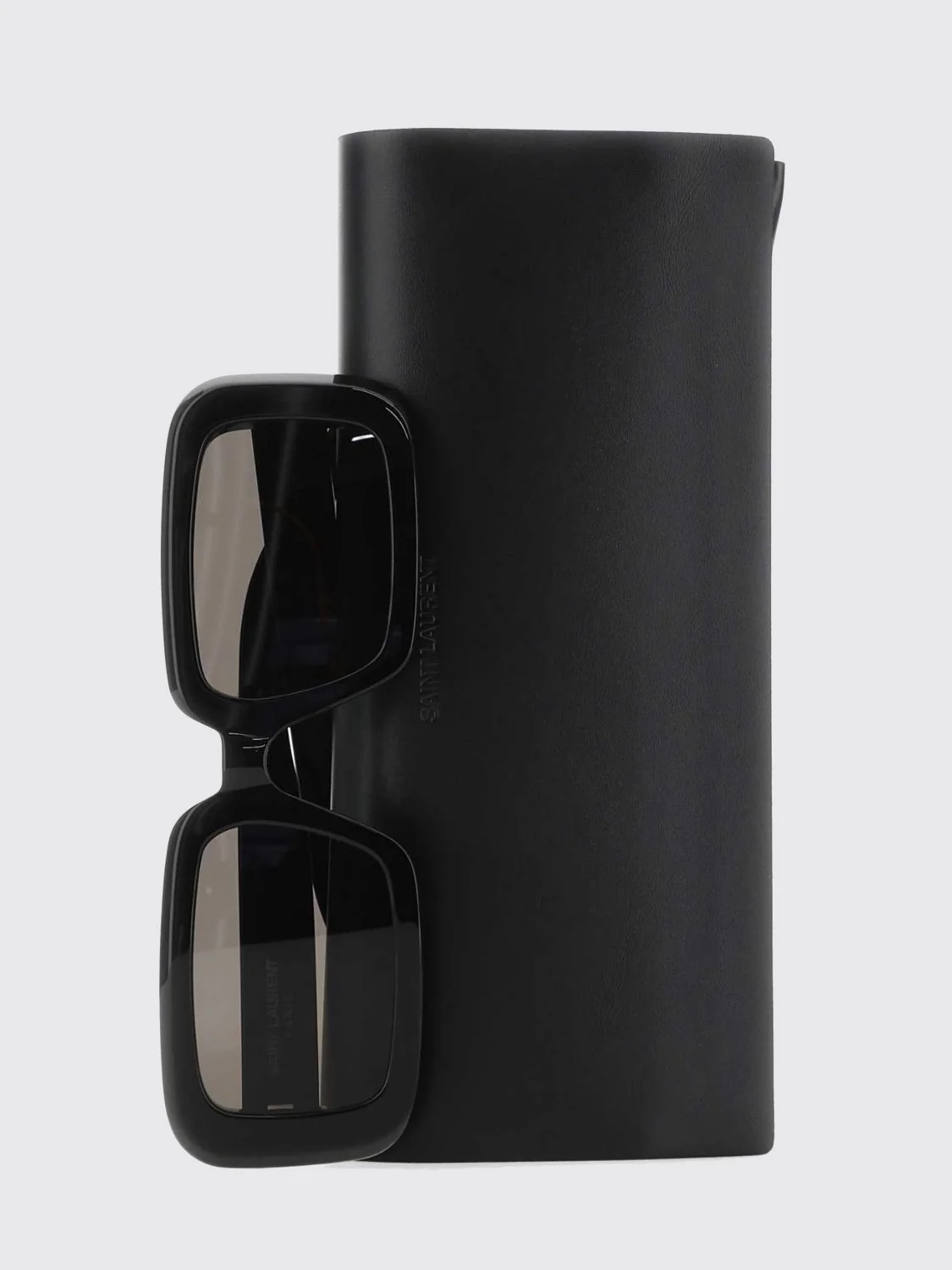rectangular black acetate sunglasses with printed logo on the temples