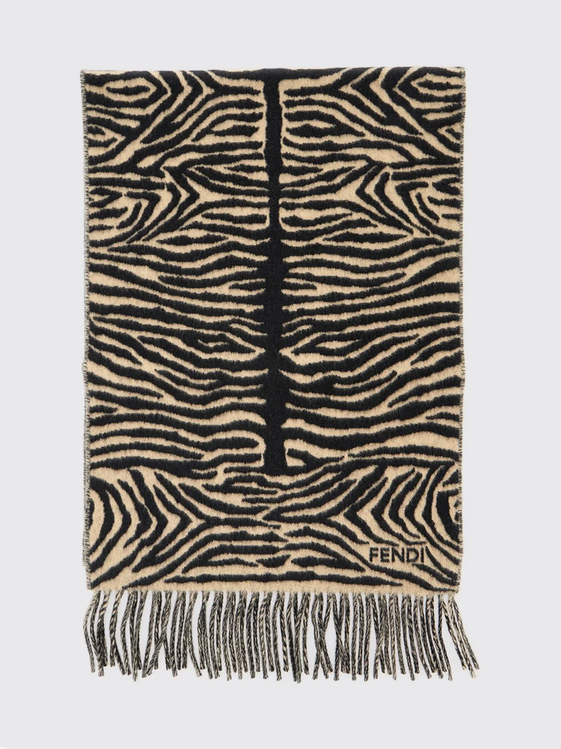FENDI OS zebra print pure wool scarf with jacquard logo and fringed hem