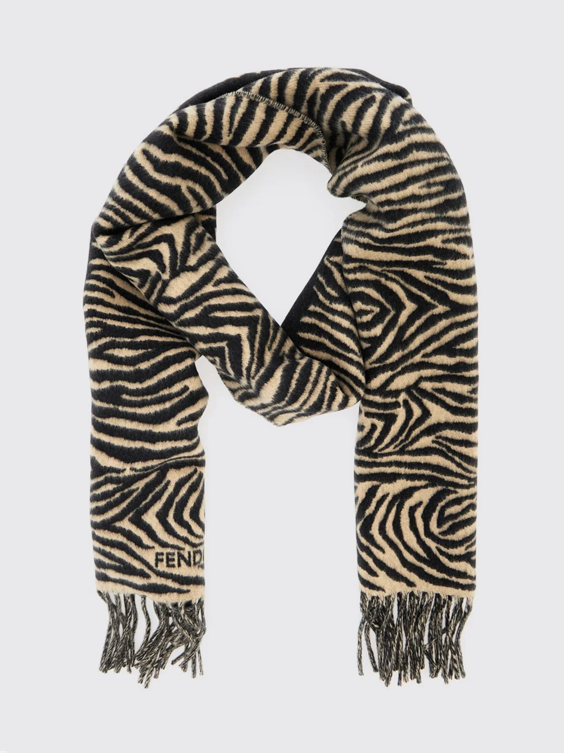 FENDI OS zebra print pure wool scarf with jacquard logo and fringed hem
