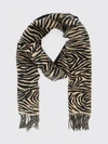 zebra print pure wool scarf with jacquard logo and fringed hem