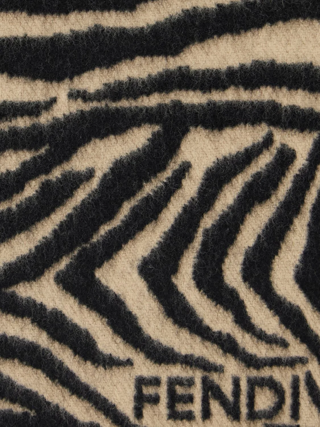 zebra print pure wool scarf with jacquard logo and fringed hem