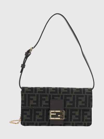 tube ff zucca fabric shoulder bag with leather handle and chain strap