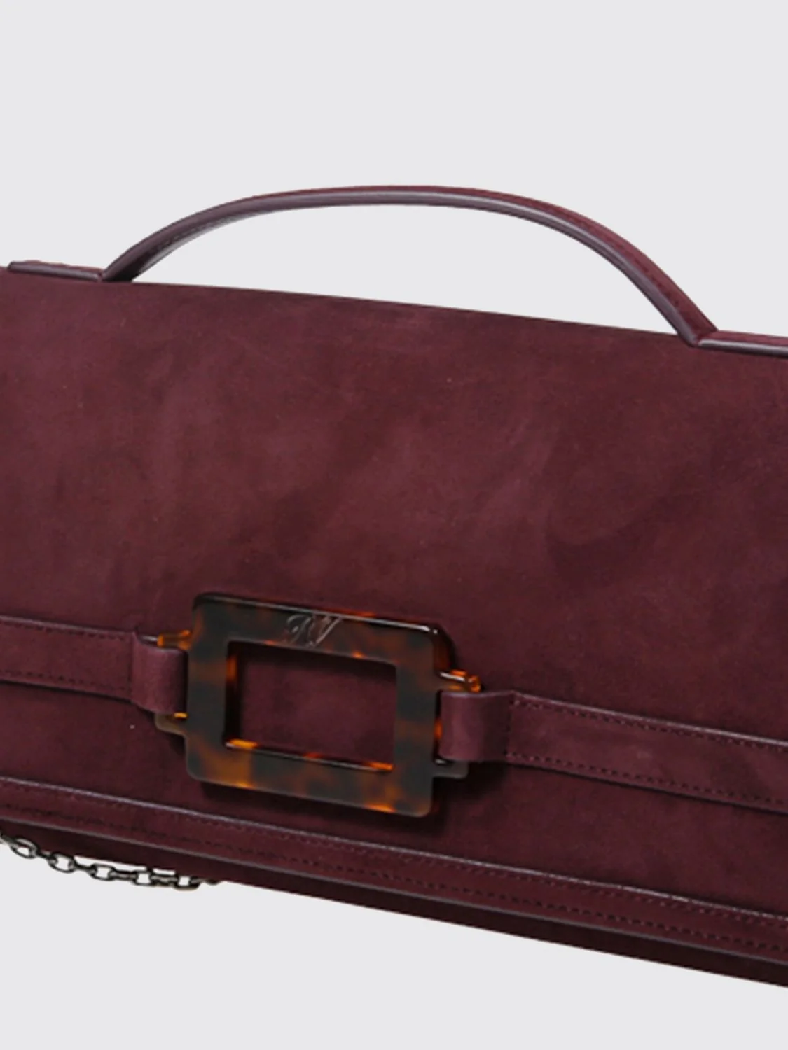 belle vivier suede clutch with iconic buckle and chain strap