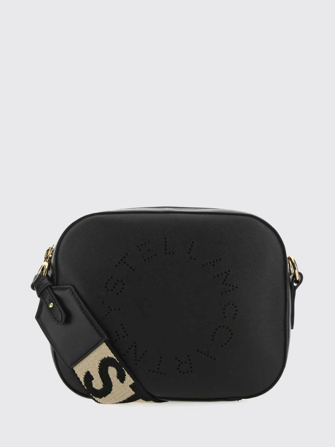 perforated logo mini camera bag with logo strap