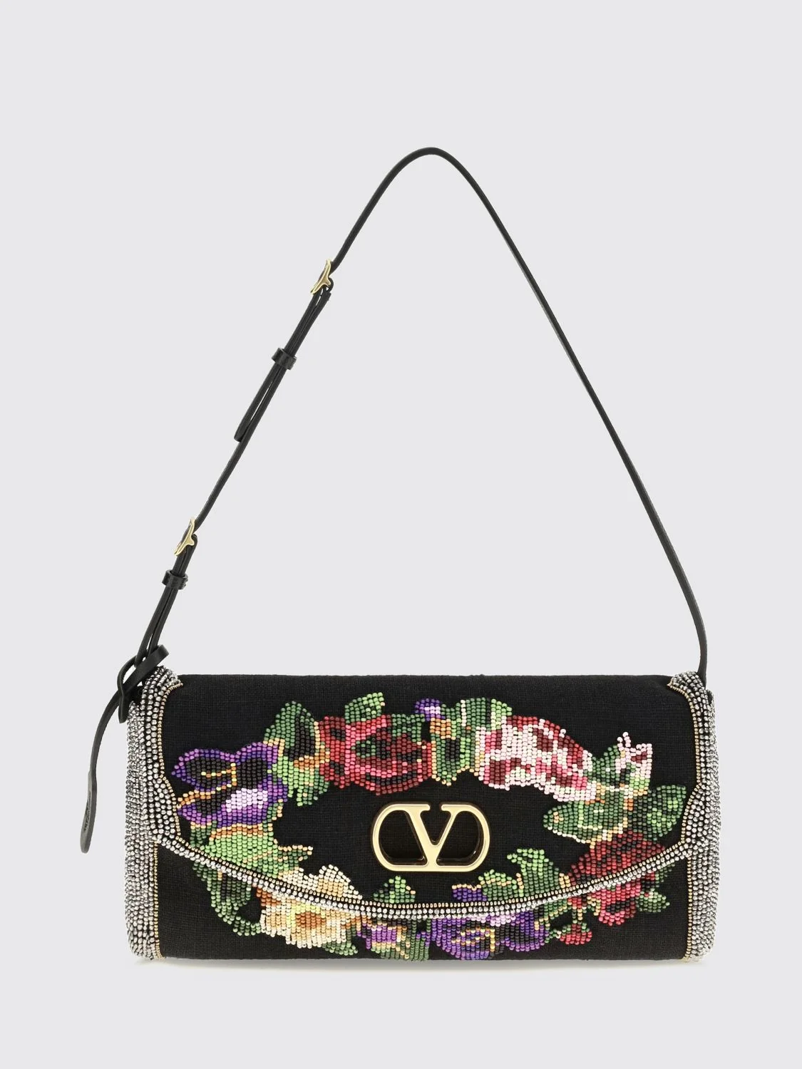 devain linen shoulder bag with crystal embroidery