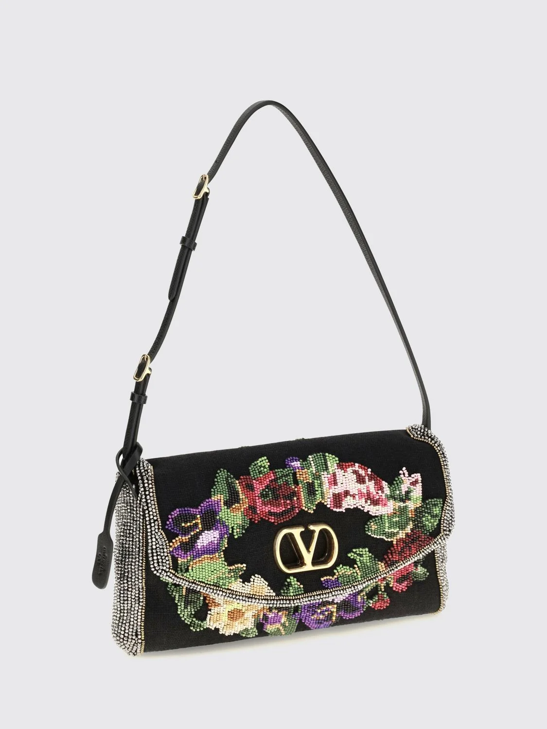 devain linen shoulder bag with crystal embroidery