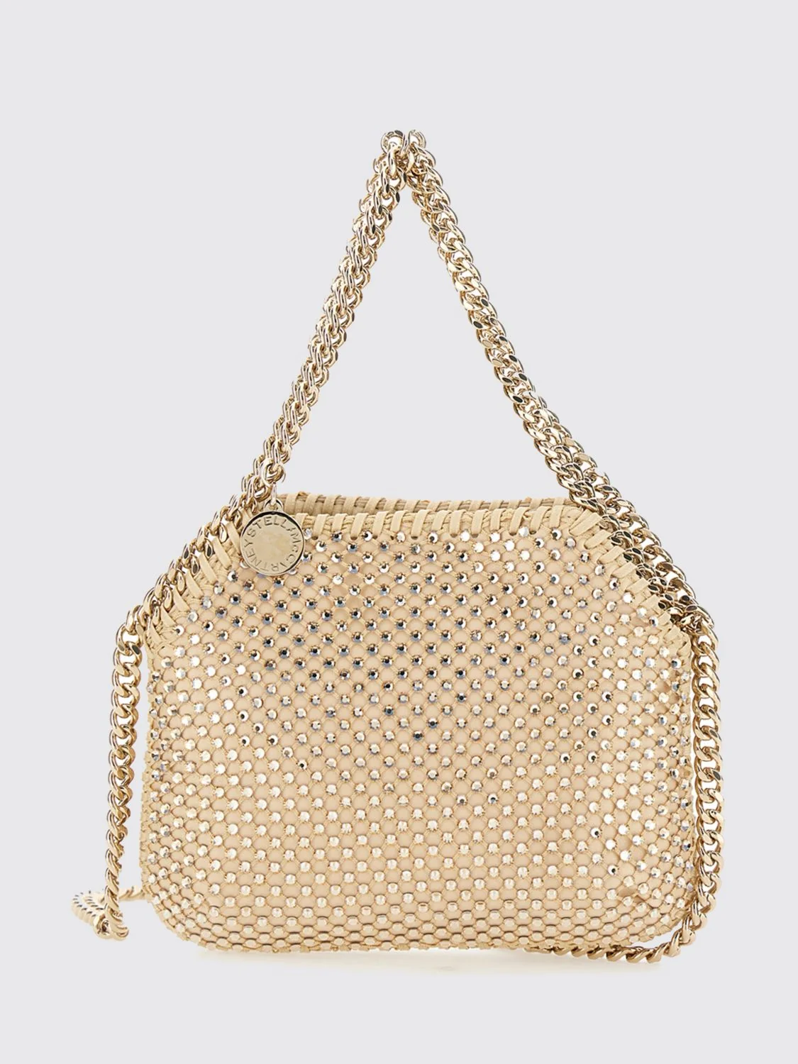 falabella mini tote bag covered in crystals with chain detail