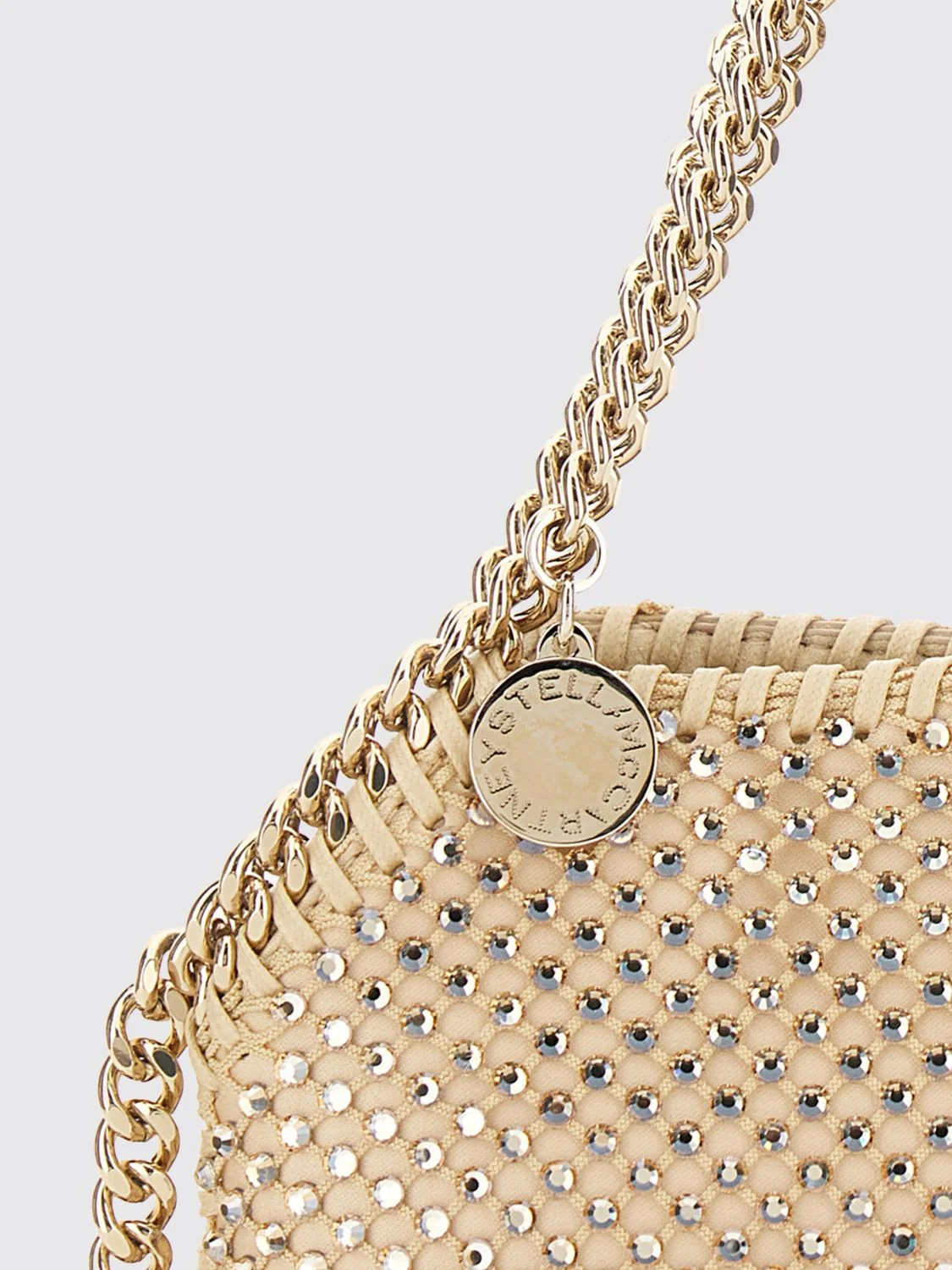 falabella mini tote bag covered in crystals with chain detail