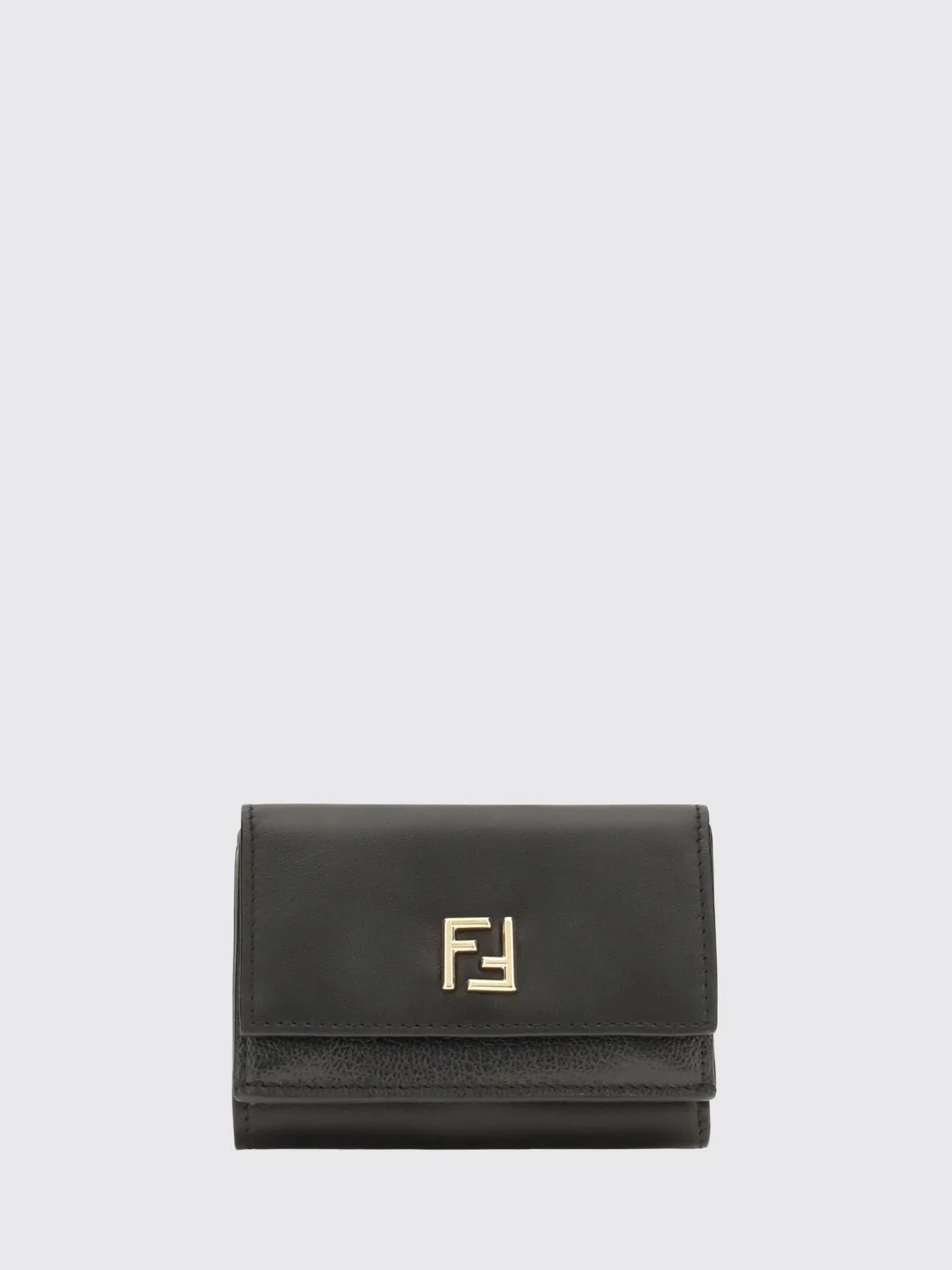 tri-fold leather wallet with ff monogram and snap button closure