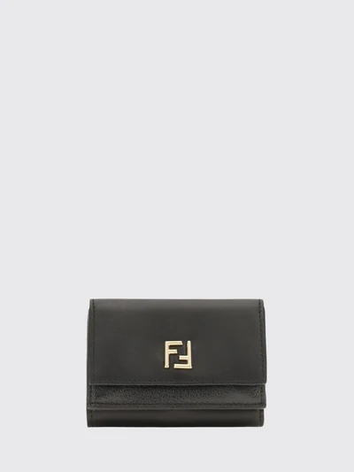 tri-fold leather wallet with ff monogram and snap button closure