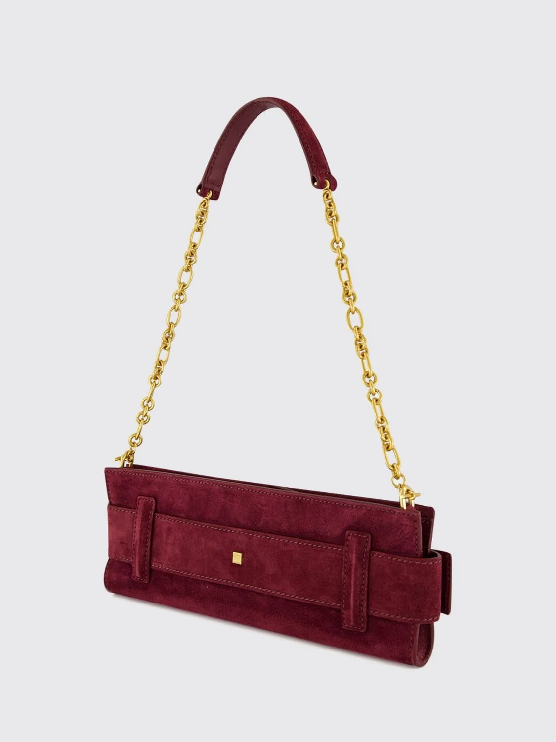 BALMAIN OS anthem suede shoulder bag with logo buckle and chain strap