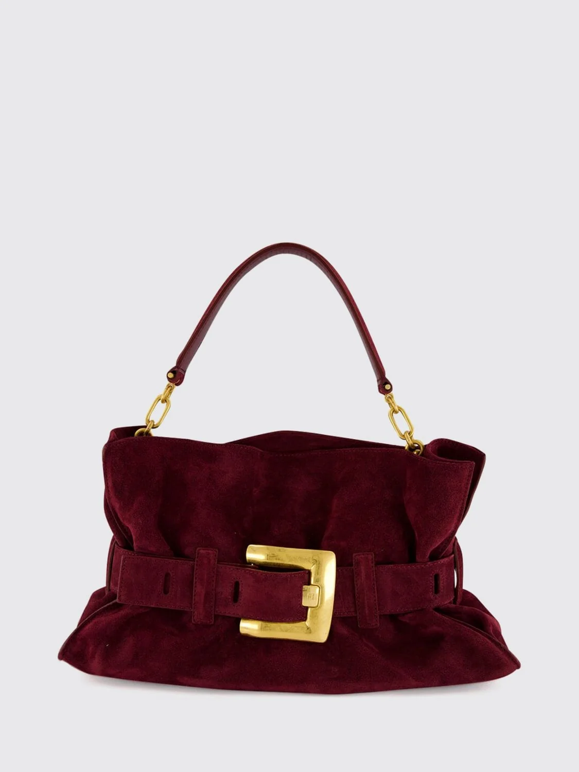 BALMAIN OS anthem ruched suede calfskin shoulder bag with buckle detail