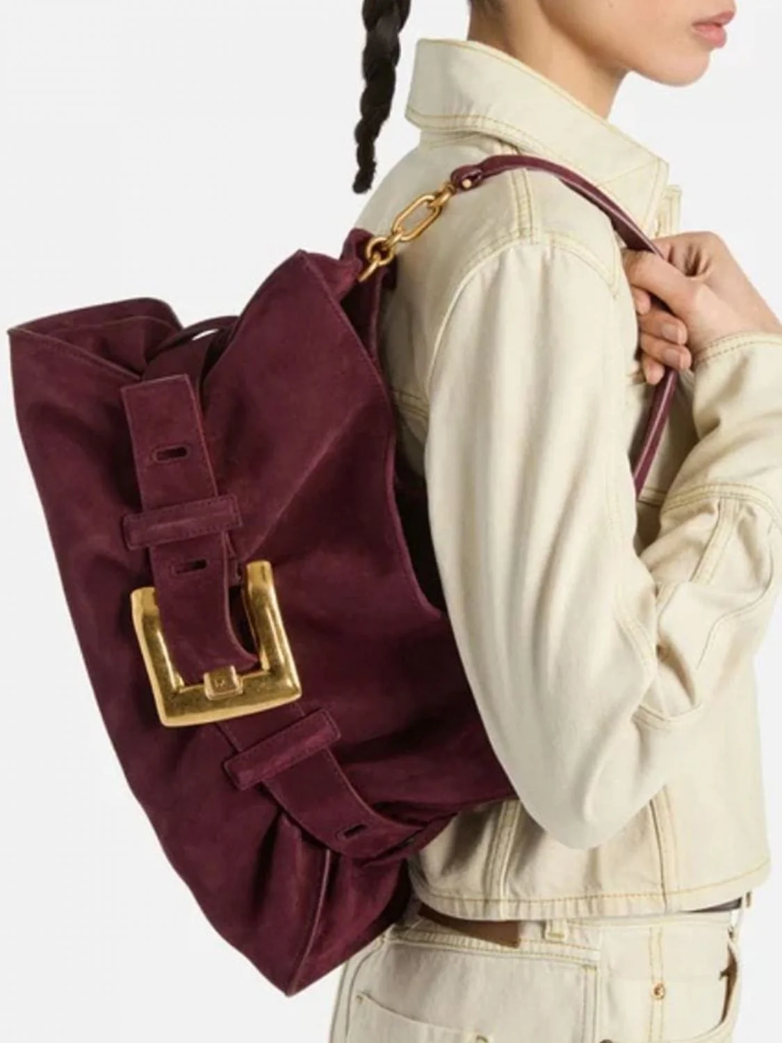BALMAIN OS anthem ruched suede calfskin shoulder bag with buckle detail