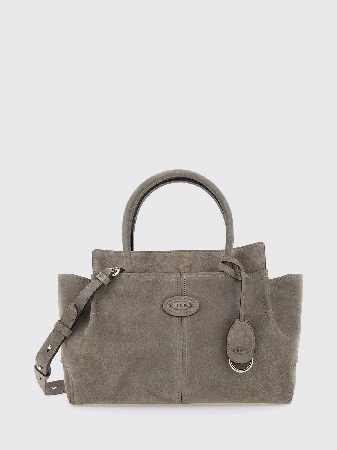 leather and suede handbag with double handle and logo charm