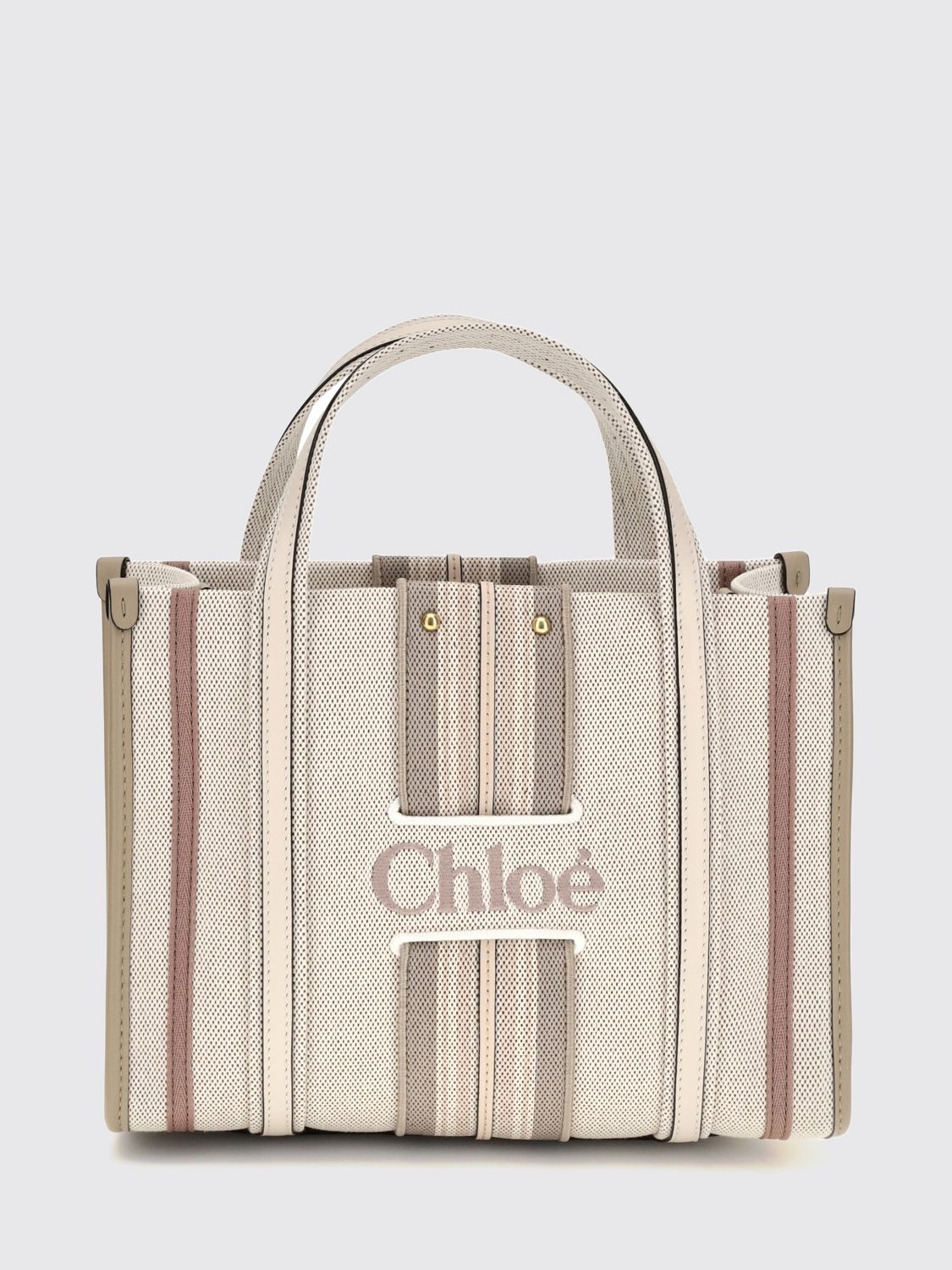 CHLOÉ OS woody loop chloé multicoloured stripe canvas handbag with embroidered logo