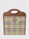 coated cotton tote bag with vintage check pattern and double leather handles