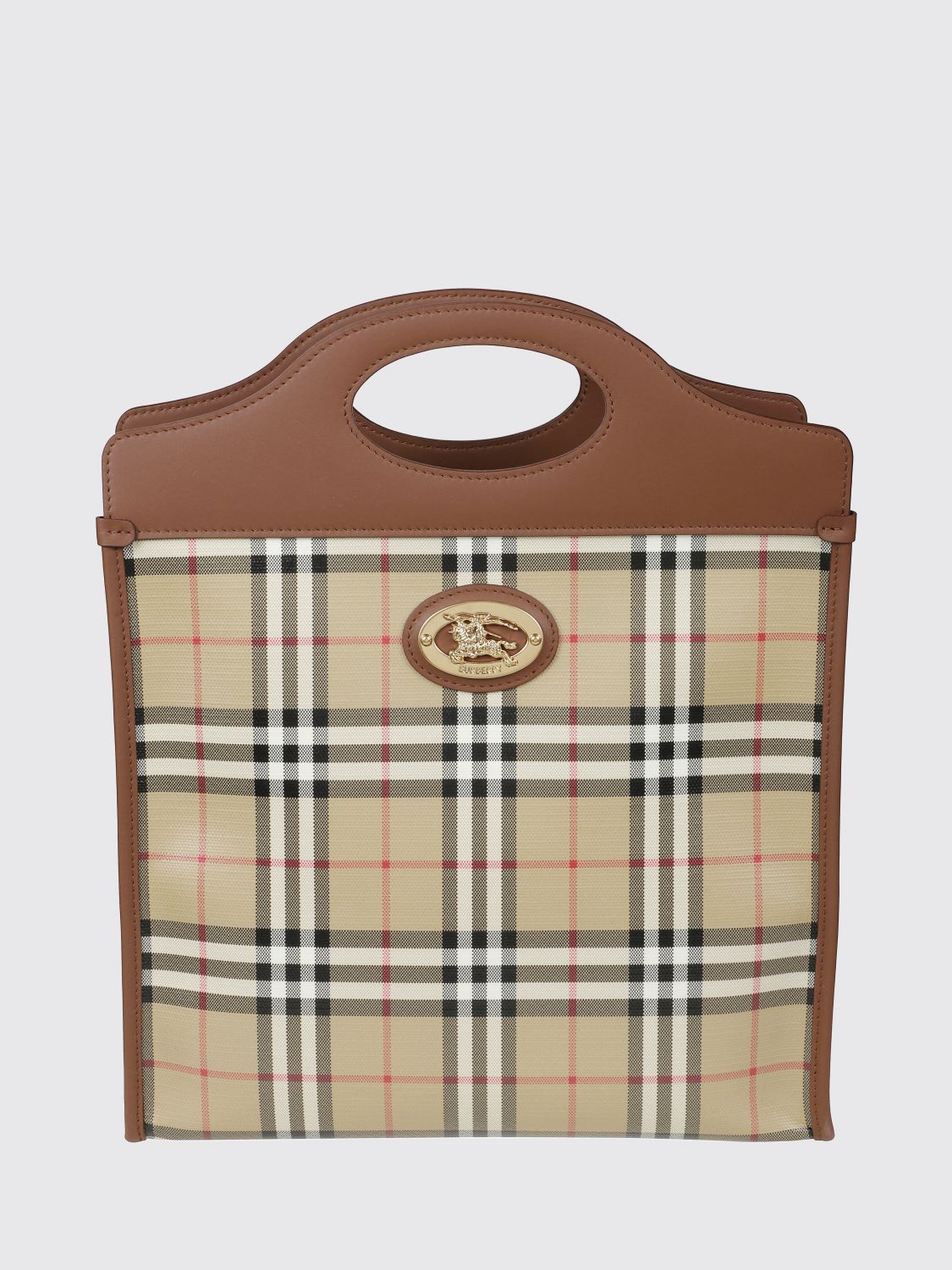 coated cotton tote bag with vintage check pattern and double leather handles