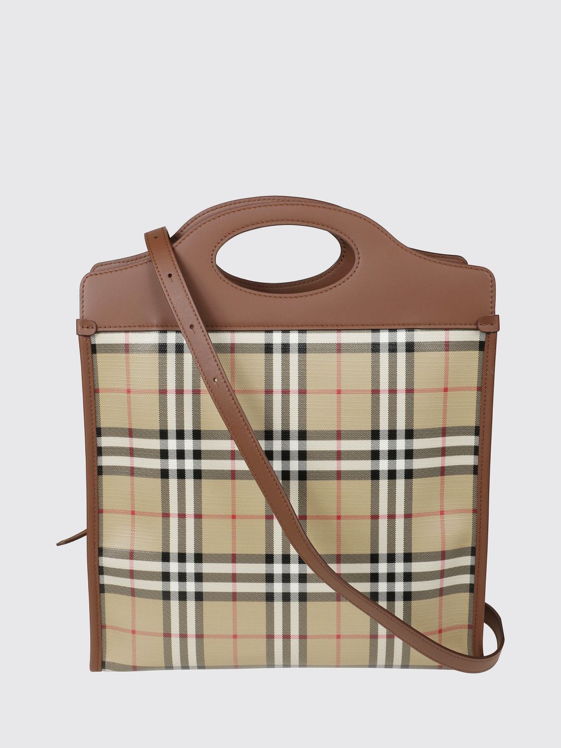 coated cotton tote bag with vintage check pattern and double leather handles
