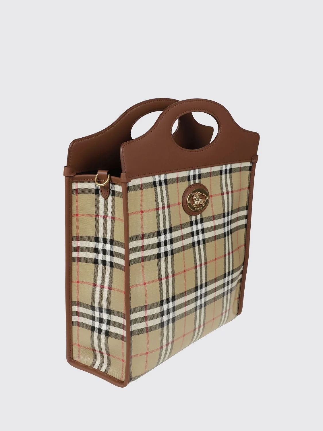 coated cotton tote bag with vintage check pattern and double leather handles