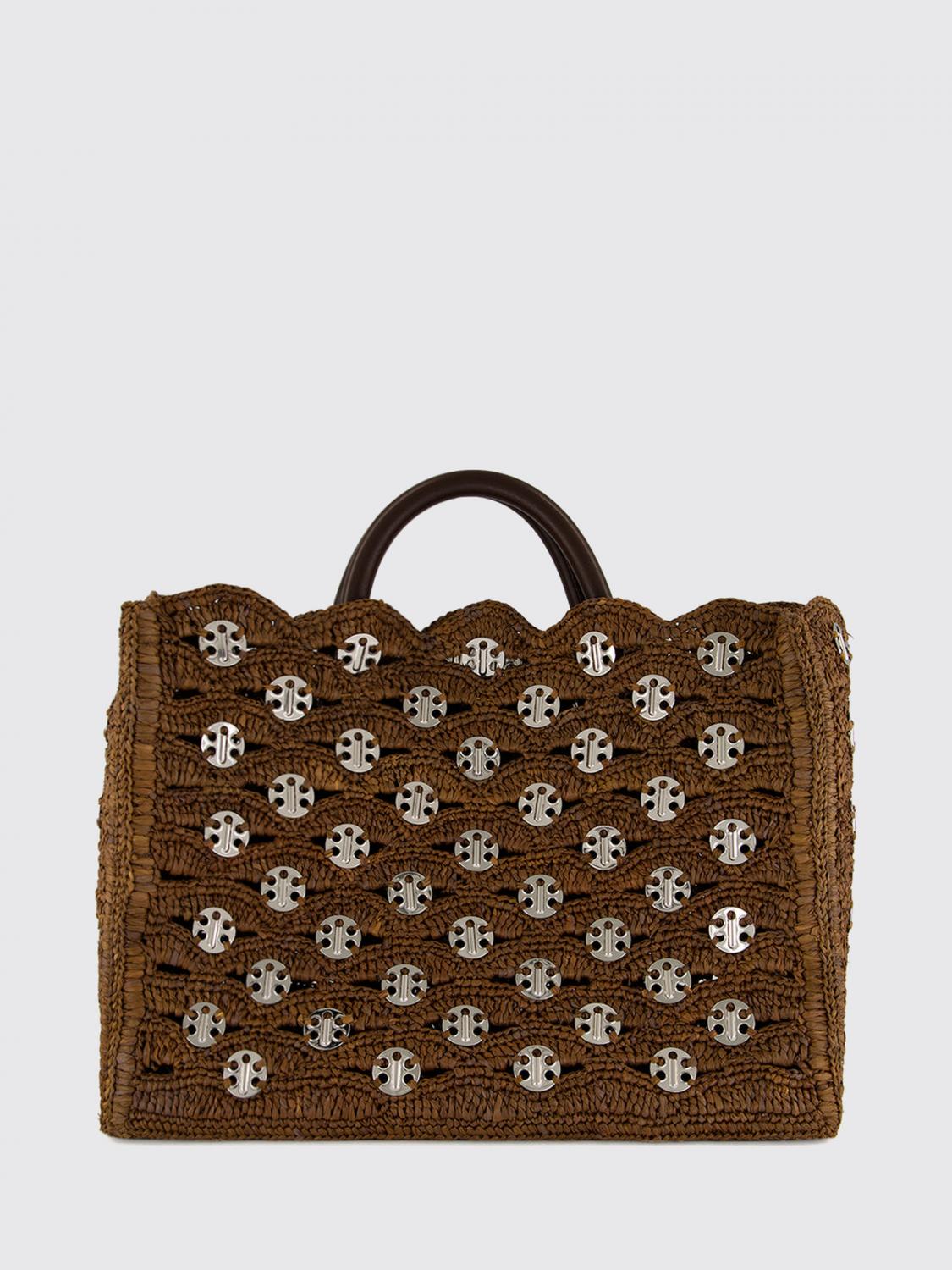 RABANNE OS 1969 raffia and leather tote bag with metallic rings