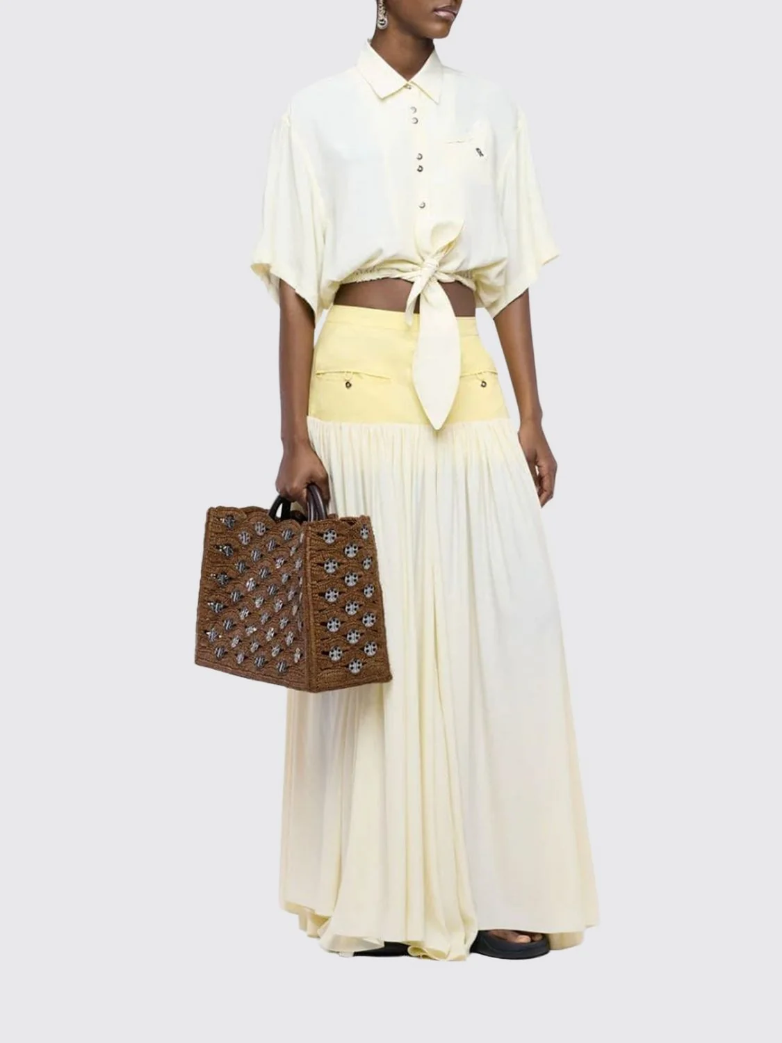 RABANNE OS 1969 raffia and leather tote bag with metallic rings