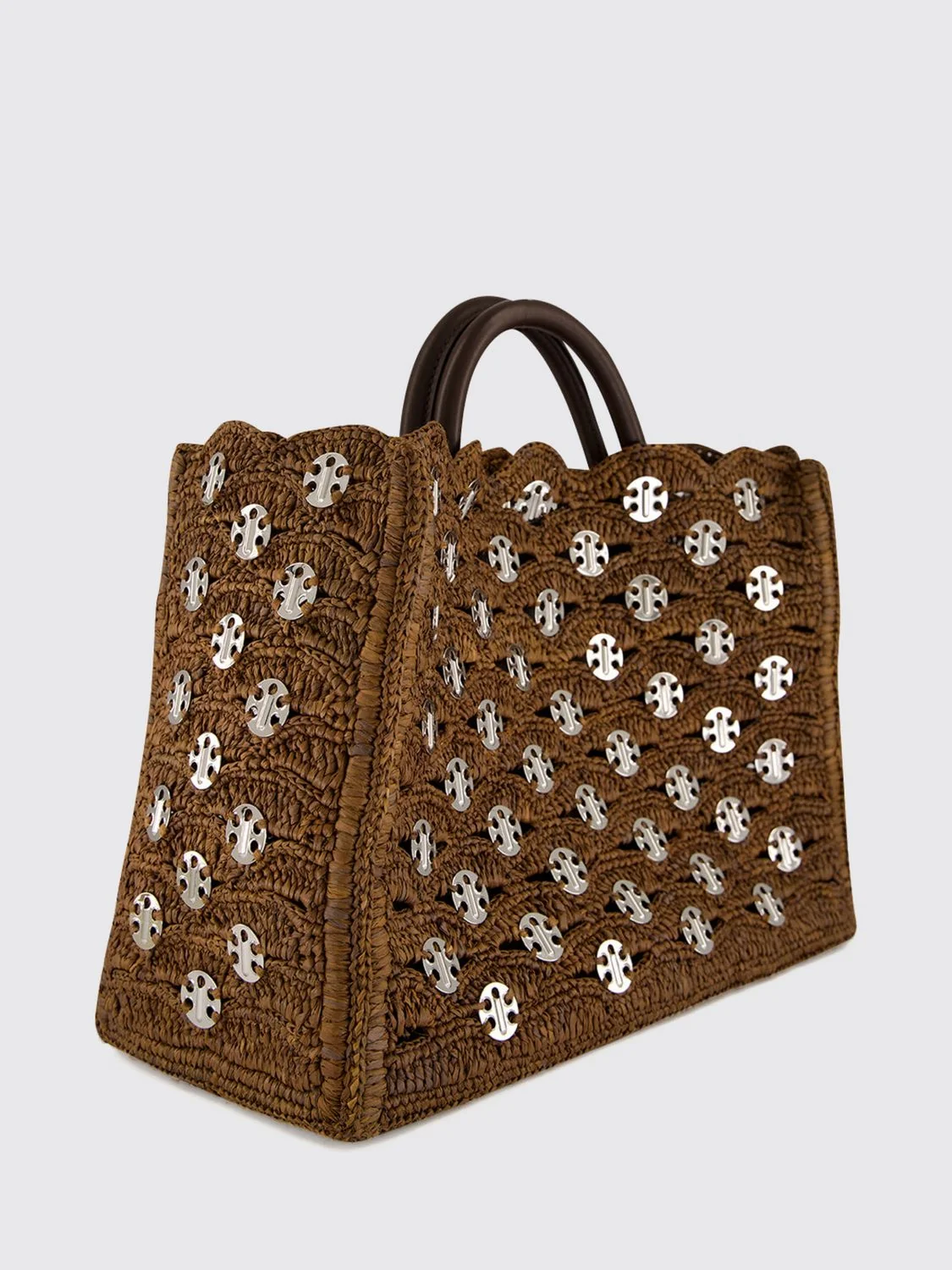 1969 raffia and leather tote bag with metallic rings