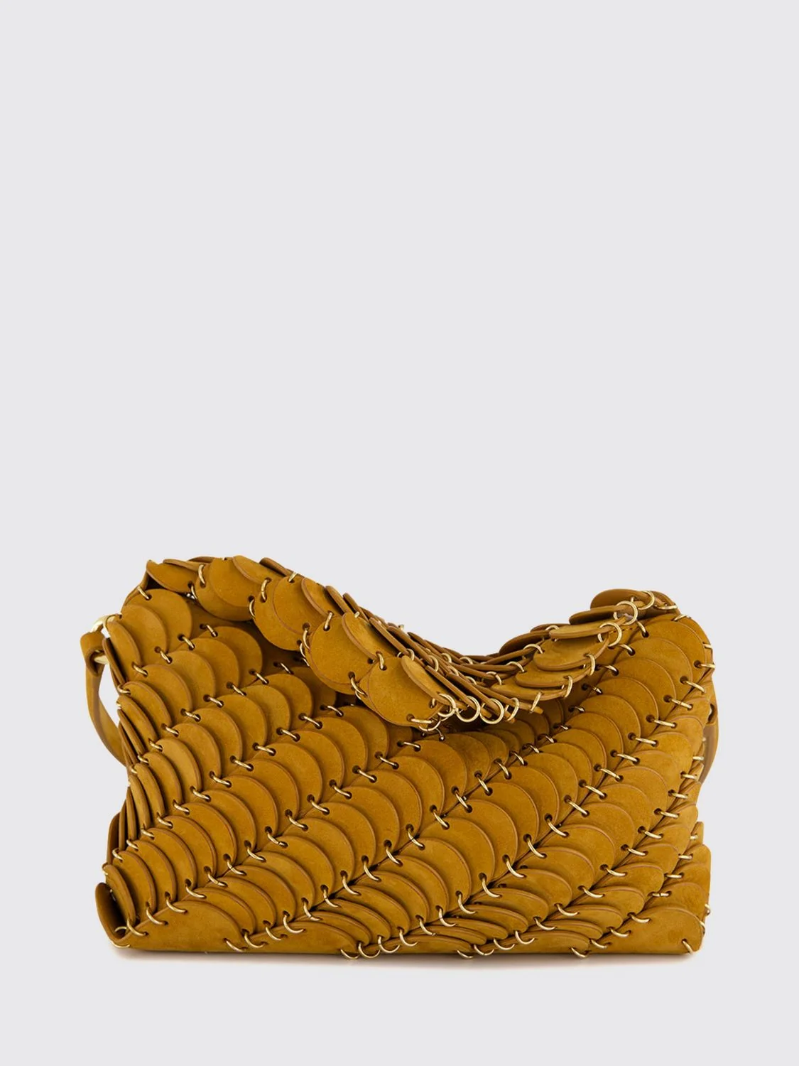 RABANNE OS scallop suede and leather shoulder bag with metallic ring