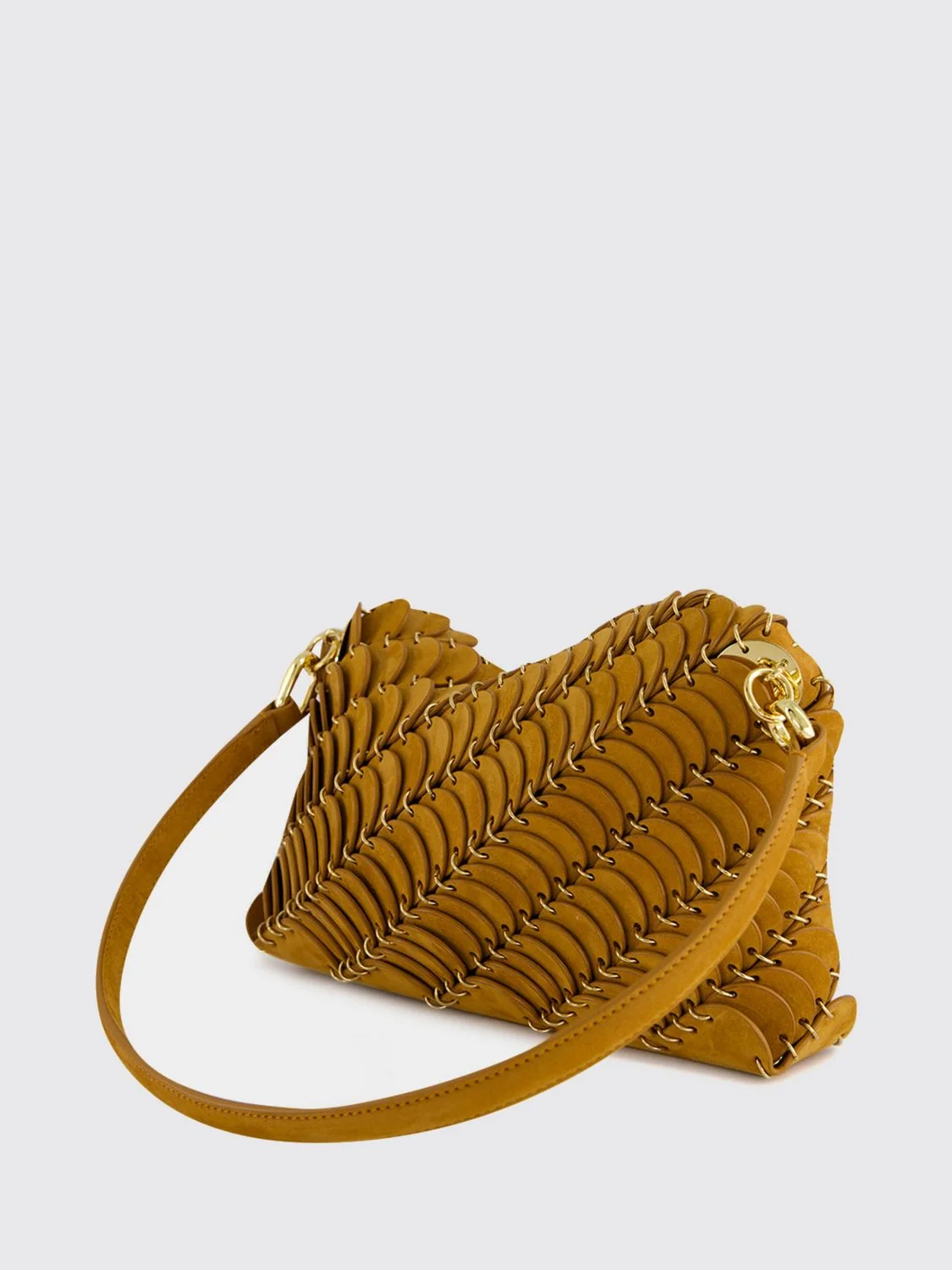 RABANNE OS scallop suede and leather shoulder bag with metallic ring