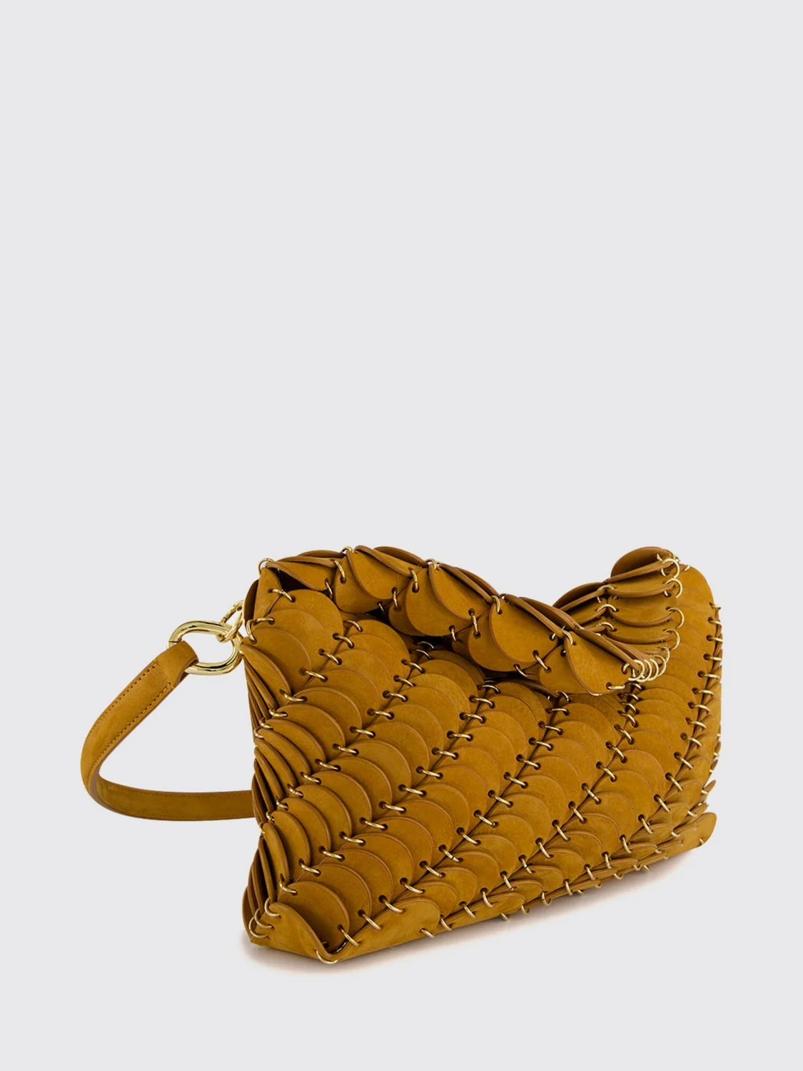scallop suede and leather shoulder bag with metallic ring