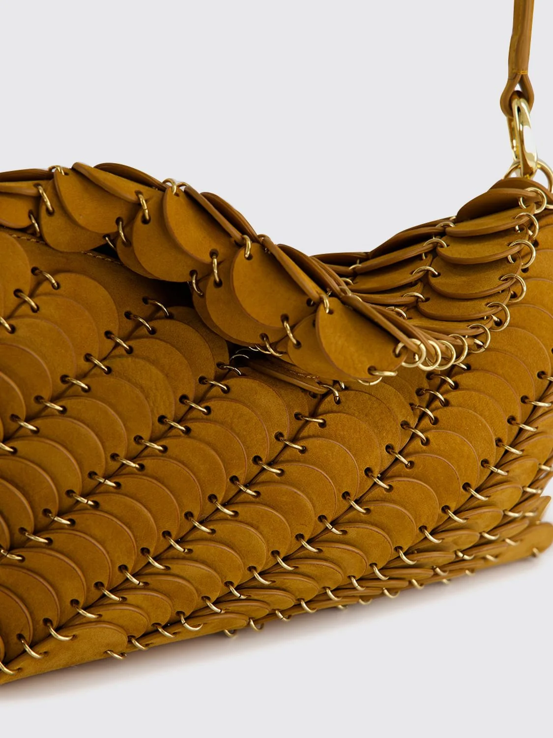 scallop suede and leather shoulder bag with metallic ring