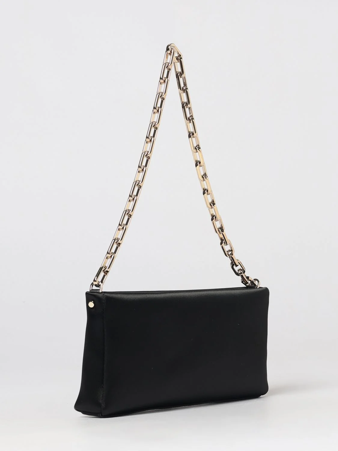 maykimay satin shoulder bag with rhinestone logo and metallic handle