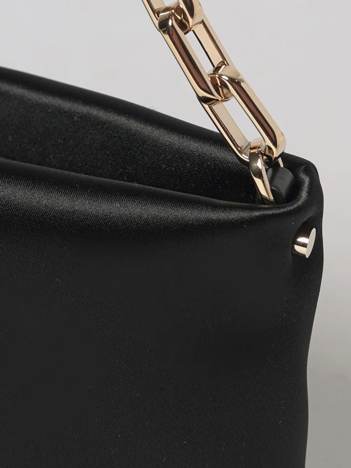 maykimay satin shoulder bag with rhinestone logo and metallic handle