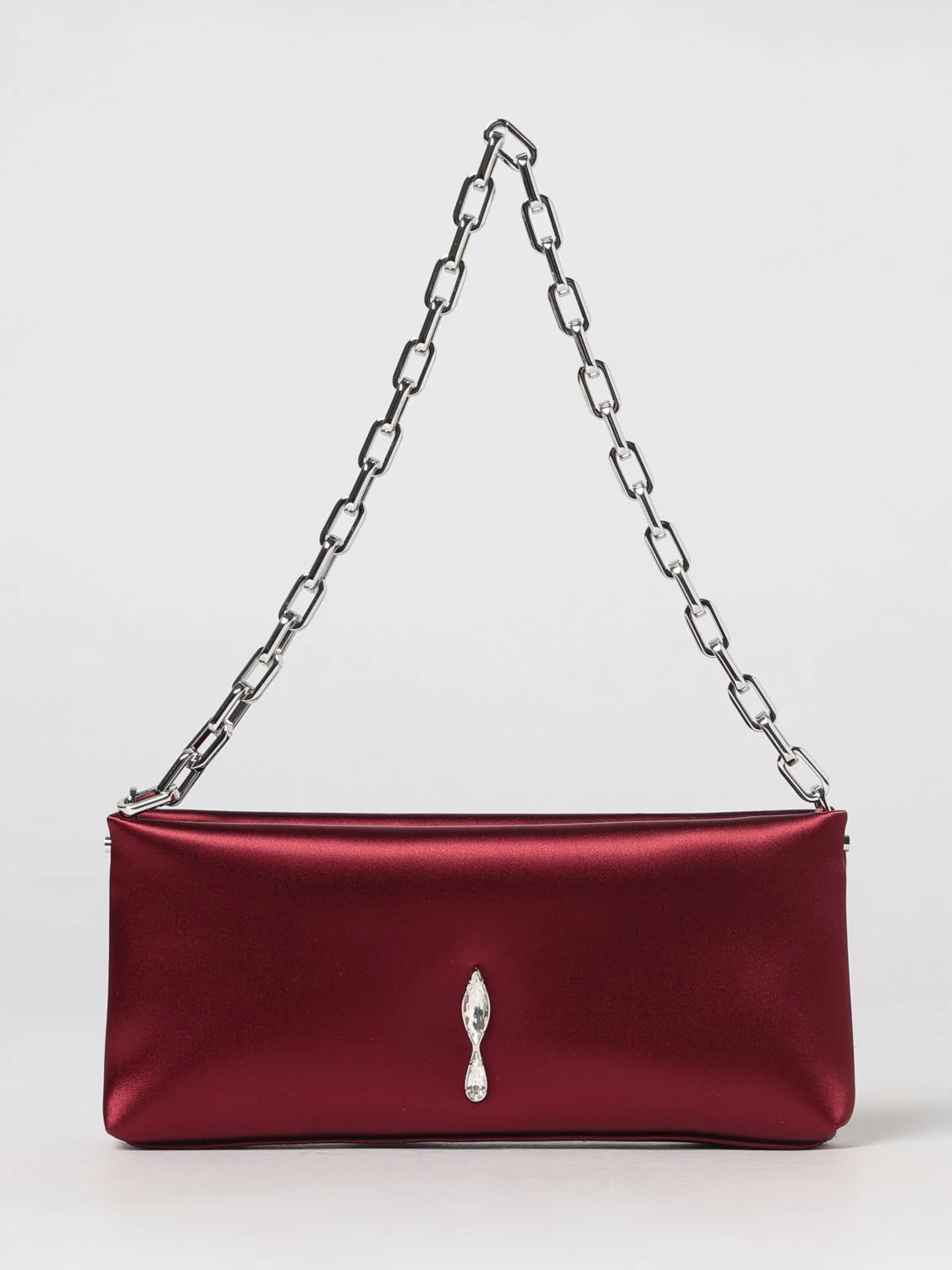 maykimay satin shoulder bag with rhinestone logo and metallic handle