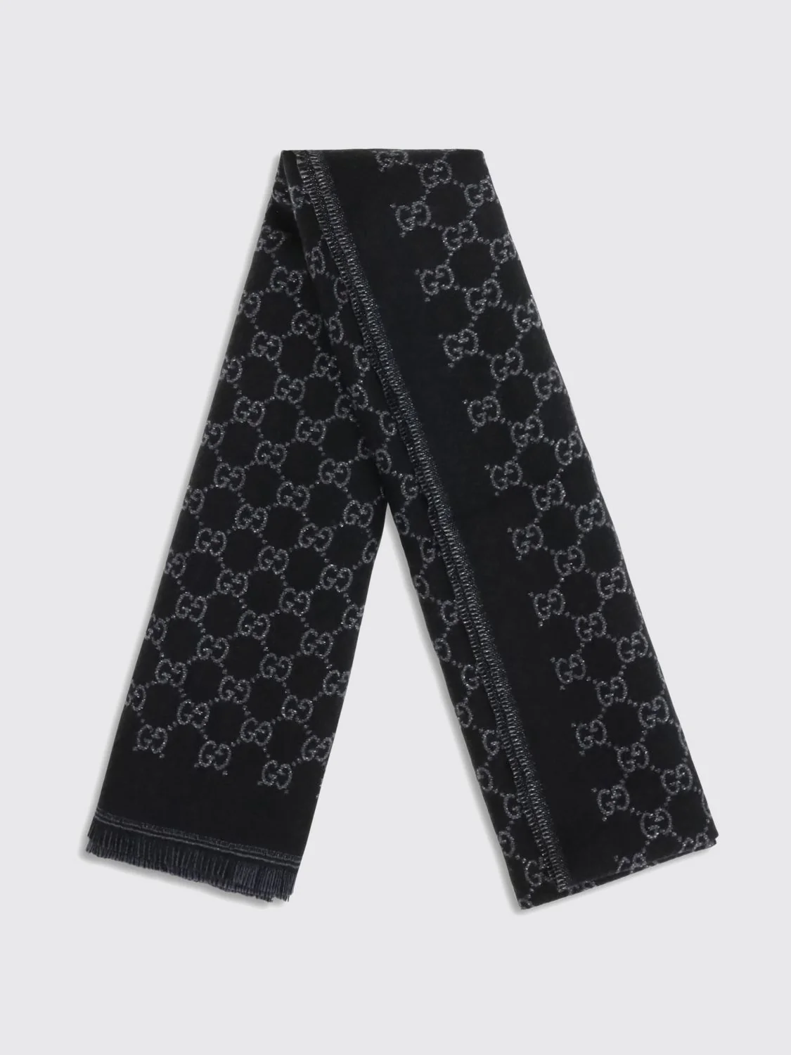 GUCCI OS jacquard gg monogram merino wool scarf with fringed hem