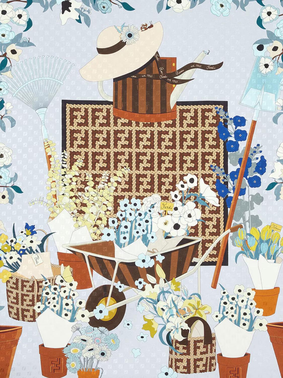 FENDI OS gardening floral and ff monogram print silk foulard