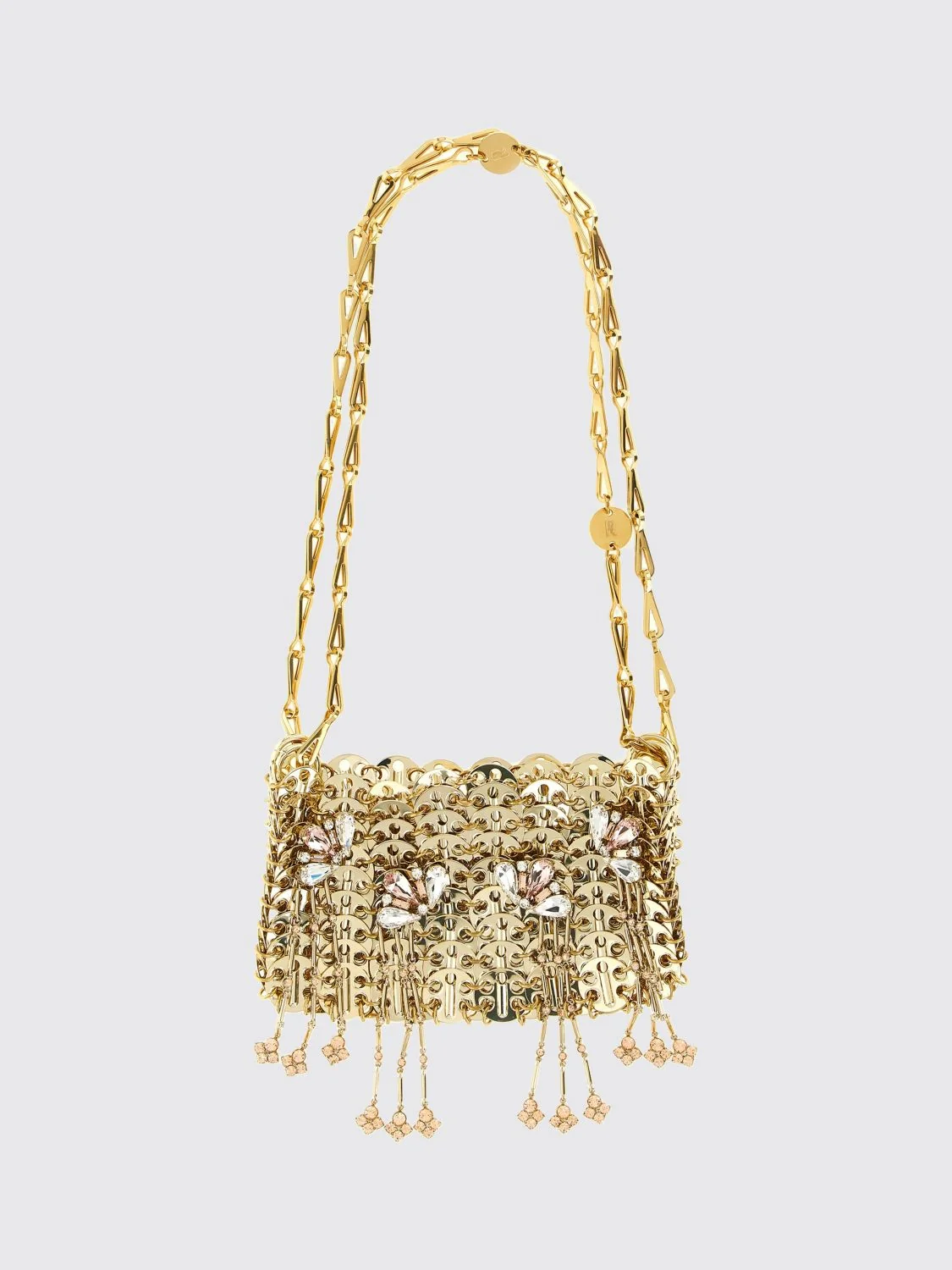 1969 nano bag in metal mesh with crystals and decorative fringes