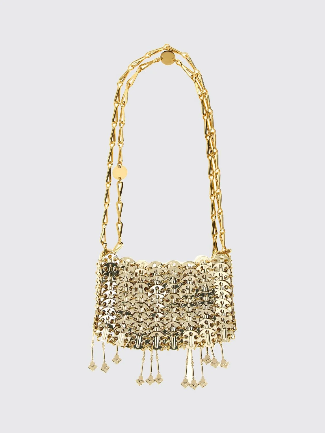 RABANNE OS 1969 nano bag in metal mesh with crystals and decorative fringes