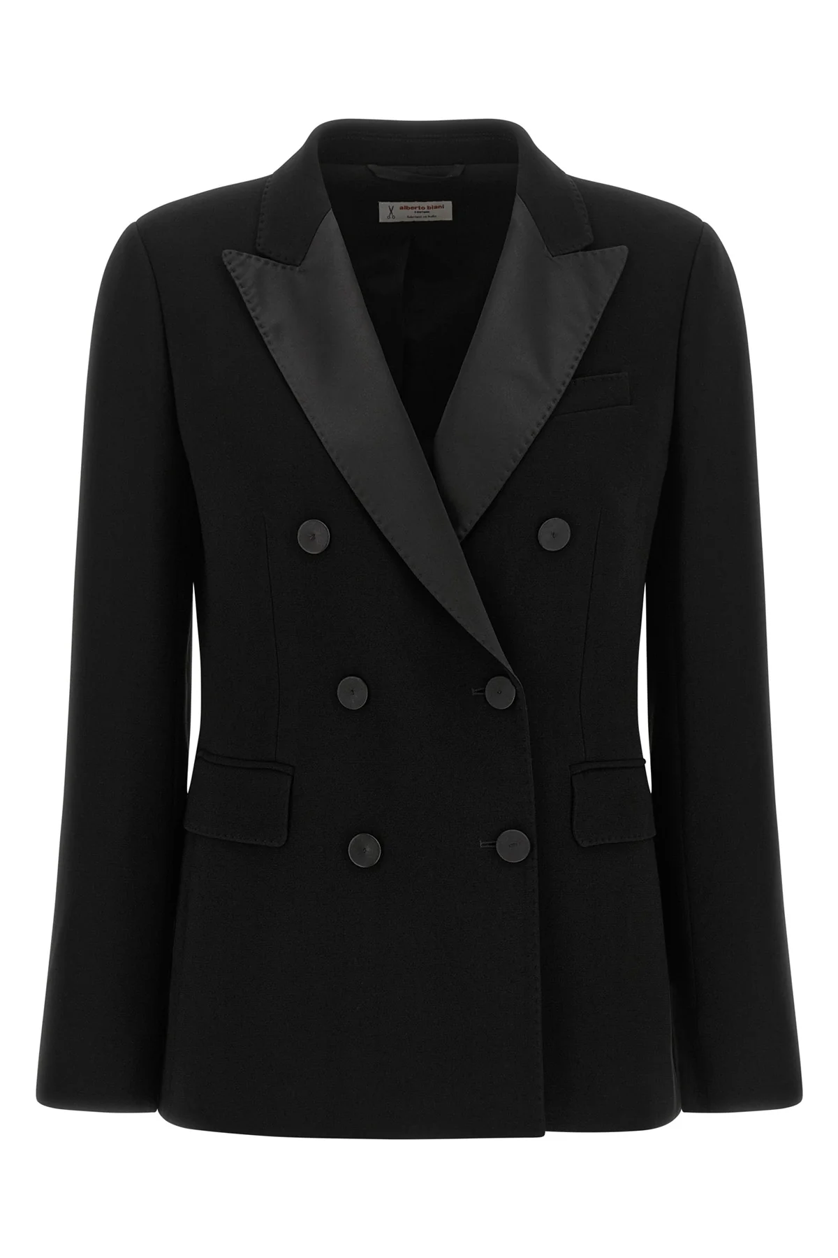 ALBERTO BIANI 40 black triacetate double-breasted six covered buttons peak lapels tone on tone al